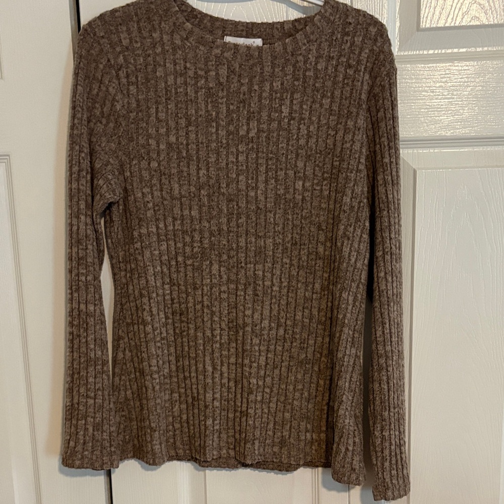 Ribbed Crew Neck Sweater in Brown